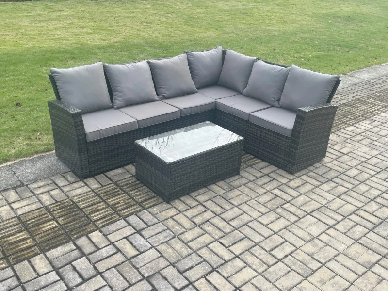 Image of Fimous Wicker PE Outdoor Garden Furniture Set High Back Rattan Corner Sofa Set with Rectangular Coffee Table in Dark Grey Dark Grey Unisex