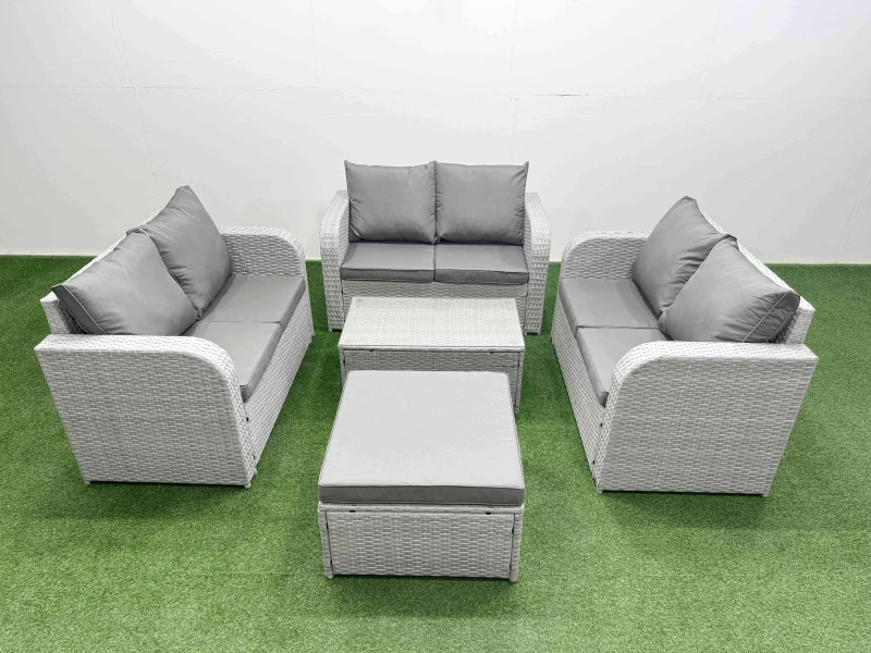 Image of Fimous 7 Seater PE Wicker Rattan Furniture Sofa Sets with Rectangular Coffee Table 2 Seater Love Sofa Big Footstool Light Grey Light Grey