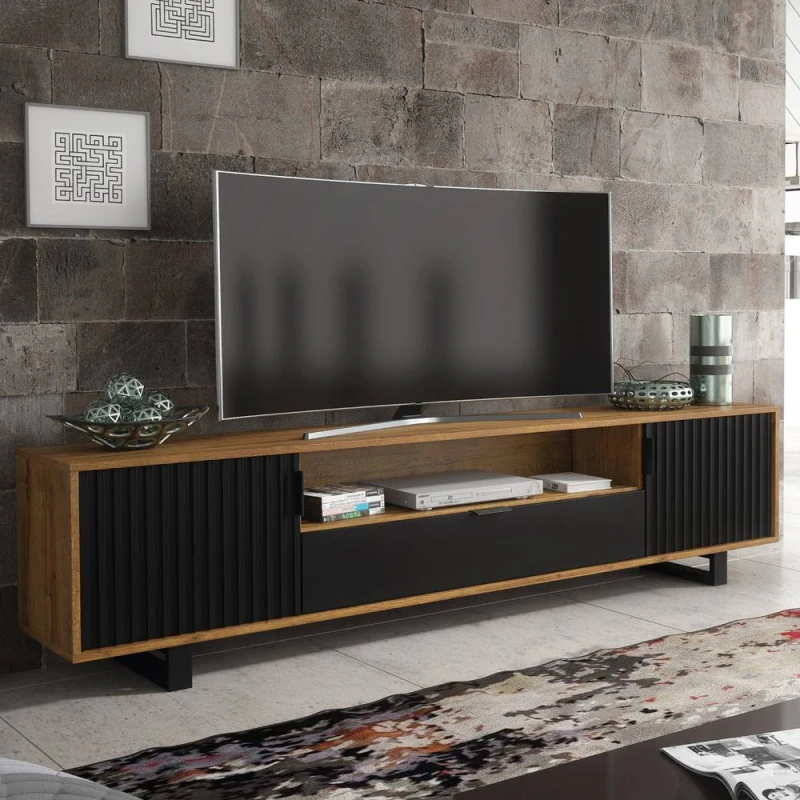 Image of Creative Furniture Blackridge TV Unit 200cm - Dark Oak with Black Fluted Doors & Drawer in Dark Brown Dark Brown Unisex