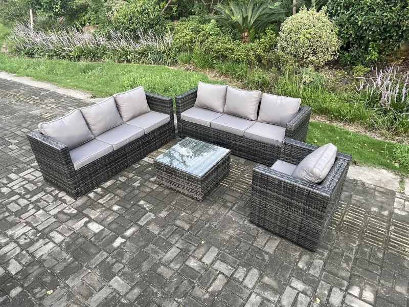 Image of Fimous Rattan Garden Furniture Sofa Set with Armchair Square Coffee Table Indoor Outdoor 7 Seater Rattan Set Dark Grey Mixed Dark Grey