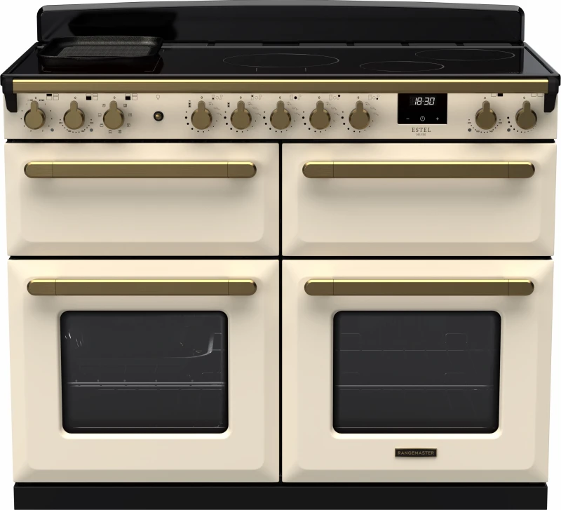 Image of Rangemaster Estel Deluxe ESDLB110EIPPCR/AB1 110cm wide Electric Range Cooker with Induction Hob - Cream / Antique Brass - A Rated