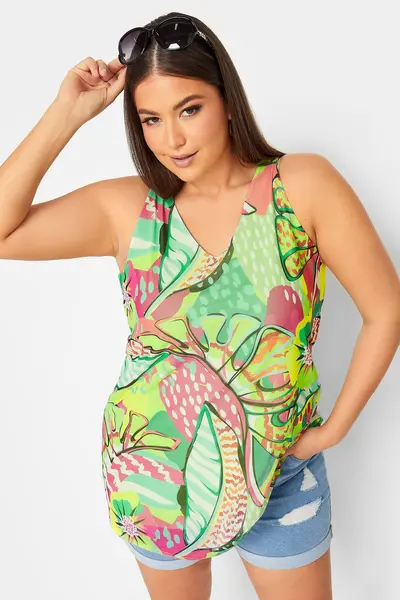 Image of Yours Plus Size Floral Print Double Layer Vest Top Green