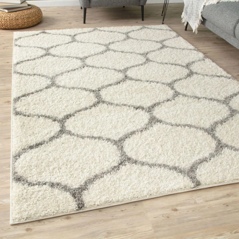 Image of THE RUGS Soft Trellis Shaggy Rugs & Runners Ivory & Grey Living Room Size: 80cm x 300cm Ivory Unisex 80cm x 300 cm