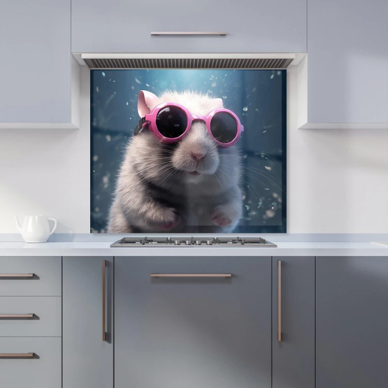 Image of Warren Reed - Designer Splashart DoorMouse with Pink Glasses Kitchen Splashback Size: 700mm x 650mm Pink Unisex 700mm x 650mm