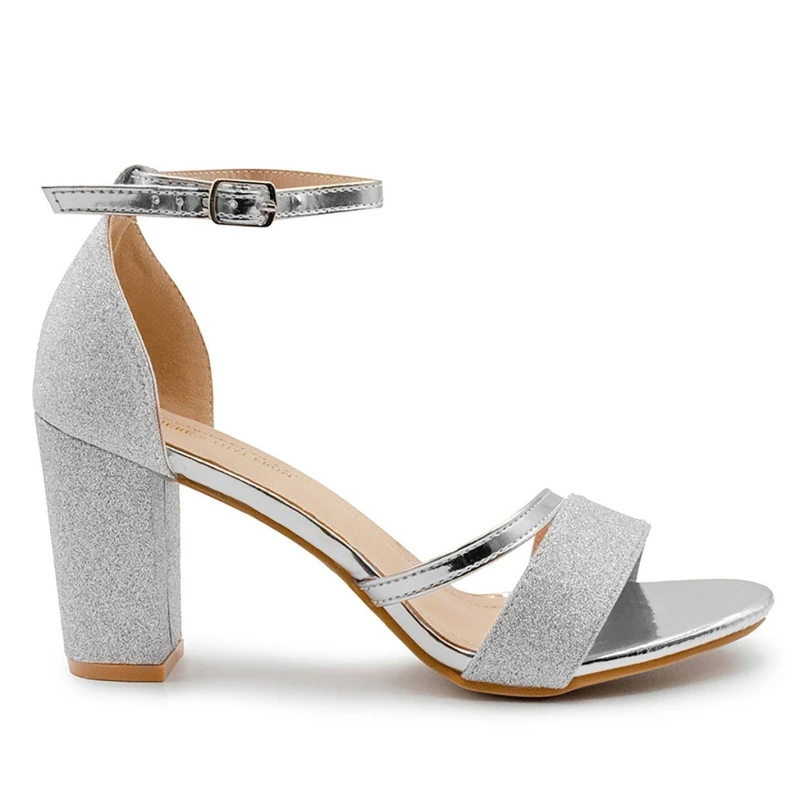 Image of Where's That From 'Perla' Mid High Block Heel Sandals With Ankle Strap Silver
