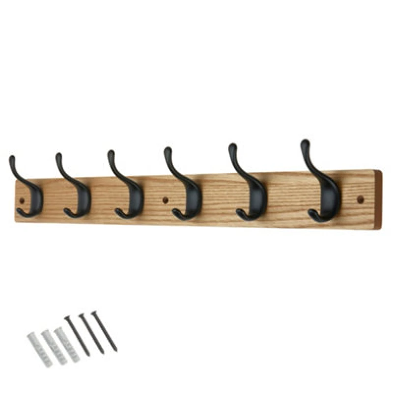 Image of Keypak 6 Matte Black Coat Hooks On Ash Effect Wooden Board - 68Cm Modern Wall Mounted Coat Rack Clothes Hanger