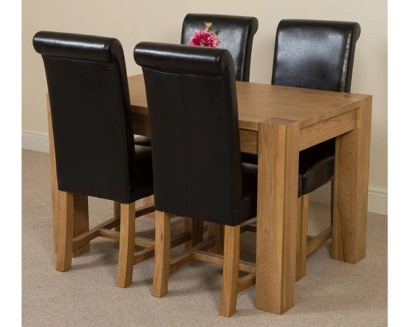 Image of Thats Furniture Kuba 125x80cm Chunky Oak Small Dining Table & 4 Washington Leather Chairs in Black Size: 125x80cm Black Unisex 125x80 cm