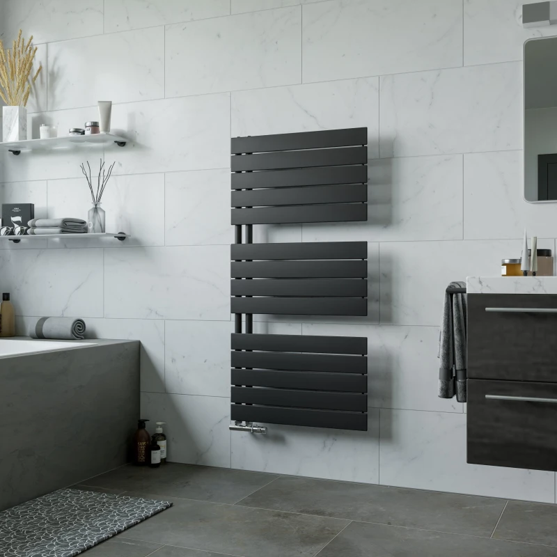 Image of Agadon Panio Up Designer Panel Towel Radiator in Black Size: 1195mm x 600mm Black Unisex 1195mm x 600mm