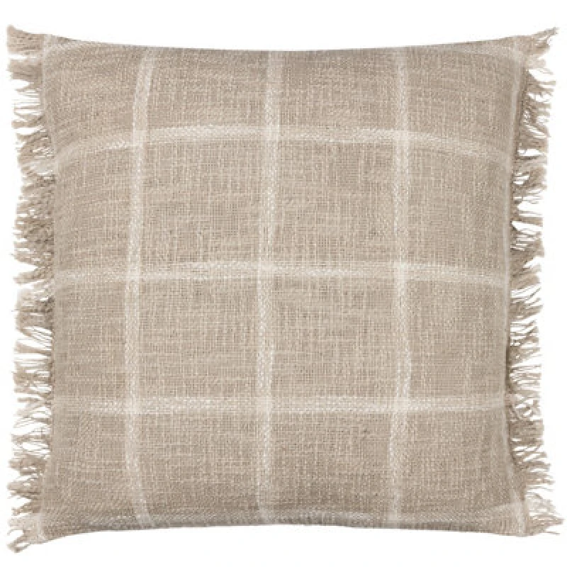 Image of Yard Beni Check Fringed Filled Cushion 45cm x 45cm Stone Natural