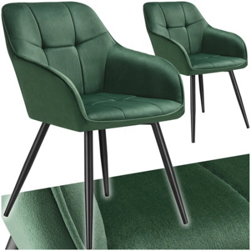 Image of Tectake Set Of 2 Dining Chair Marilyn - Velvet Look, Quilted Pattern - Dark Green / Black