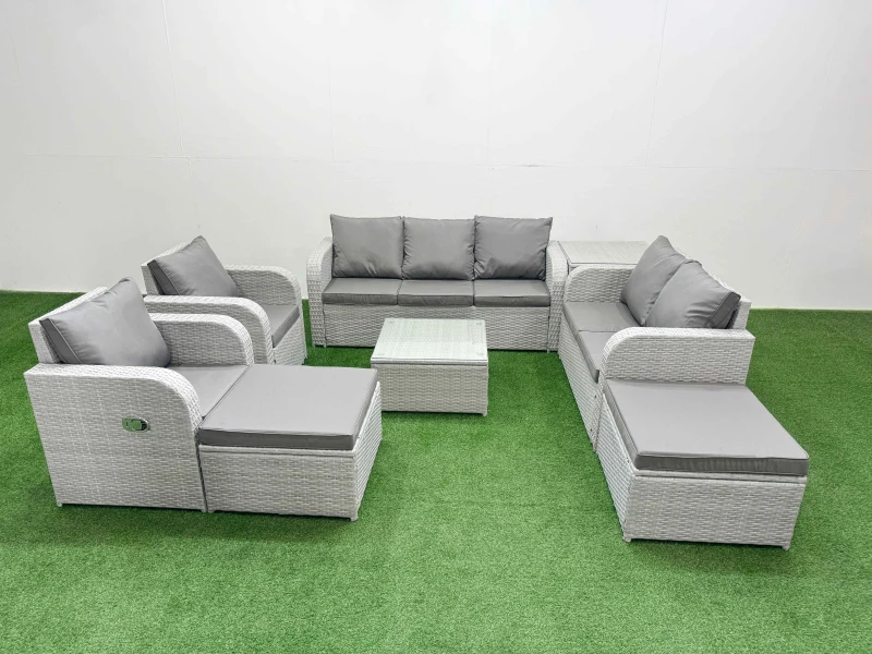 Image of Fimous PE Rattan Garden Furniture Set Adjustable Chair Sofa Double Love Seat 2 Seater Sofa Lounge Set Square Coffee Table 2 Big Footstool Side Table L