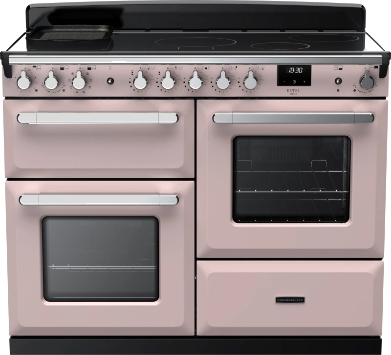 Image of Rangemaster Estel Deluxe ESDLO110EIPPPK/CM1 110cm wide Electric Range Cooker with Induction Hob - Pale Pink / Chrome - A Rated