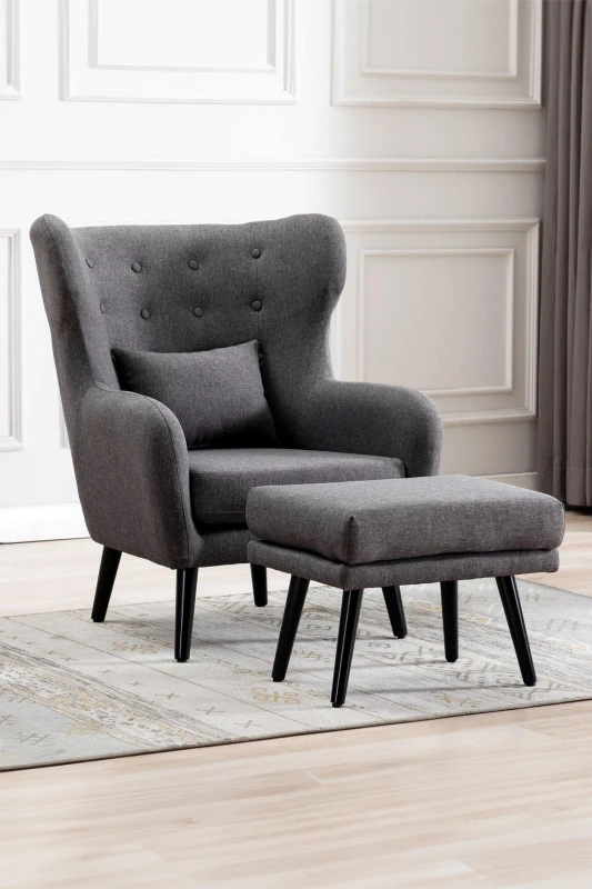 Image of More4Homes Winslow Wing Back Fabric Occasional Button Back Armchair w Footstool Grey