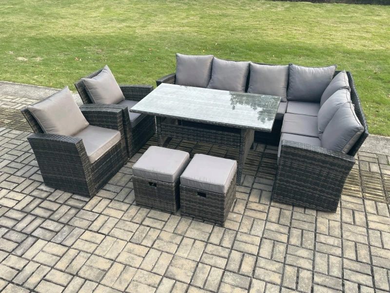 Image of Fimous 10 Seater Garden Rattan Furniture Corner Sofa Dining Table Chairs with 2 Small Footstools Indoor Outdoor Lounge Sofa Set in Dark Grey Dark Grey