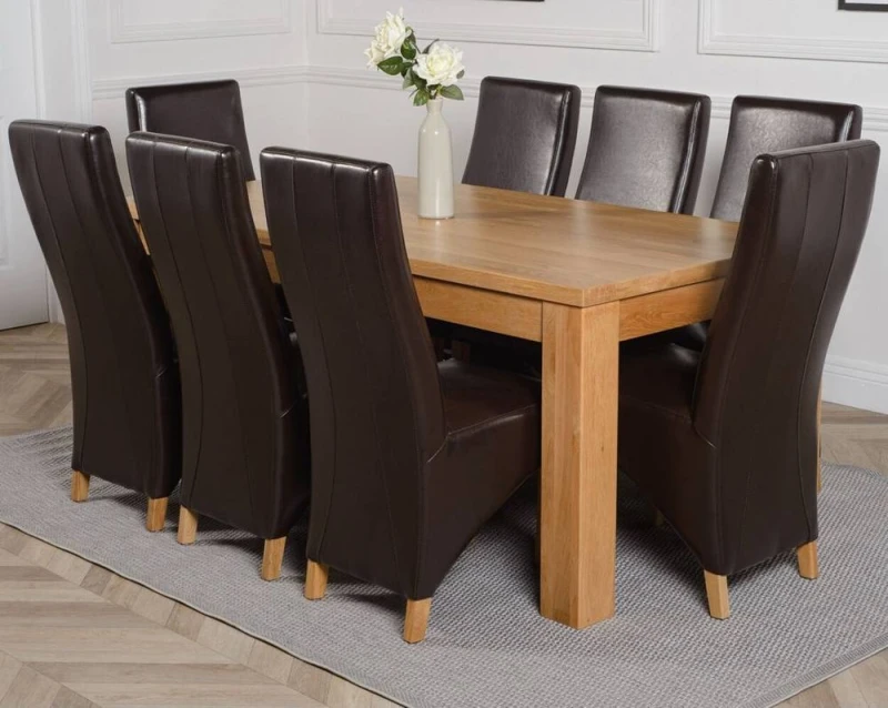 Image of Thats Furniture Dakot 182 x 92cm Oak Large Dining Table & 8 Lola Leather Chairs in Brown Size: 182 x 92cm Brown Unisex 182 x 92 cm