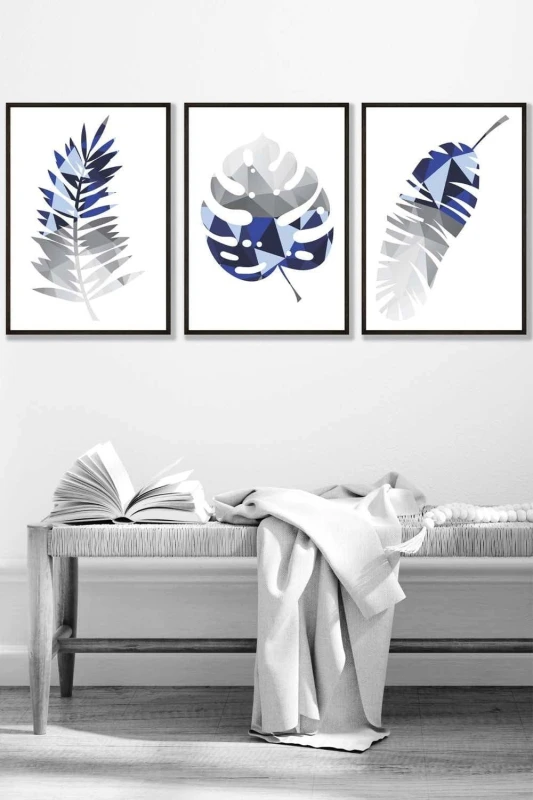 Image of ARTZE Geometric Tropical Leaves In Navy Blue Grey Framed Wall Art - Medium in Black Size: W45cm x H62cm x D20mm Black Unisex W45cm x H62cm x D20