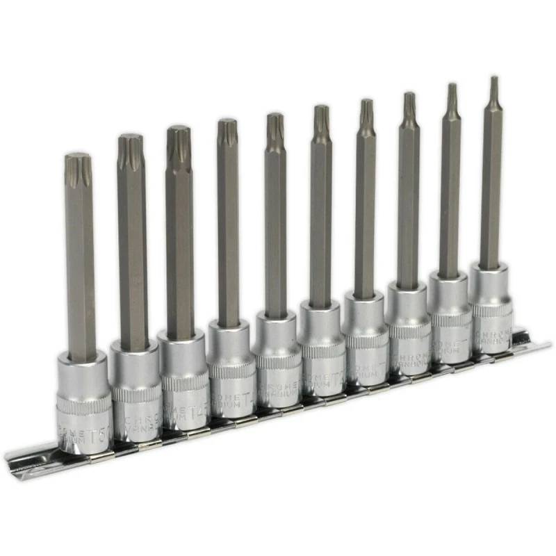 Image of Loops 10pc TRX Star Socket Bit Set 3/8" Square Drive - T10 to T50 - 100mm Long Shaft Multi