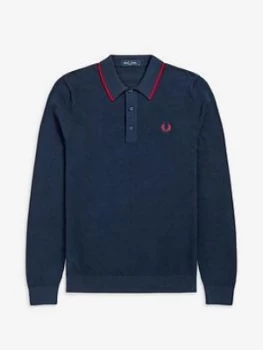 Image of Fred Perry Tipped Long Sleeve Knitted Polo Shirt, Carbon Blue, Size S, Men