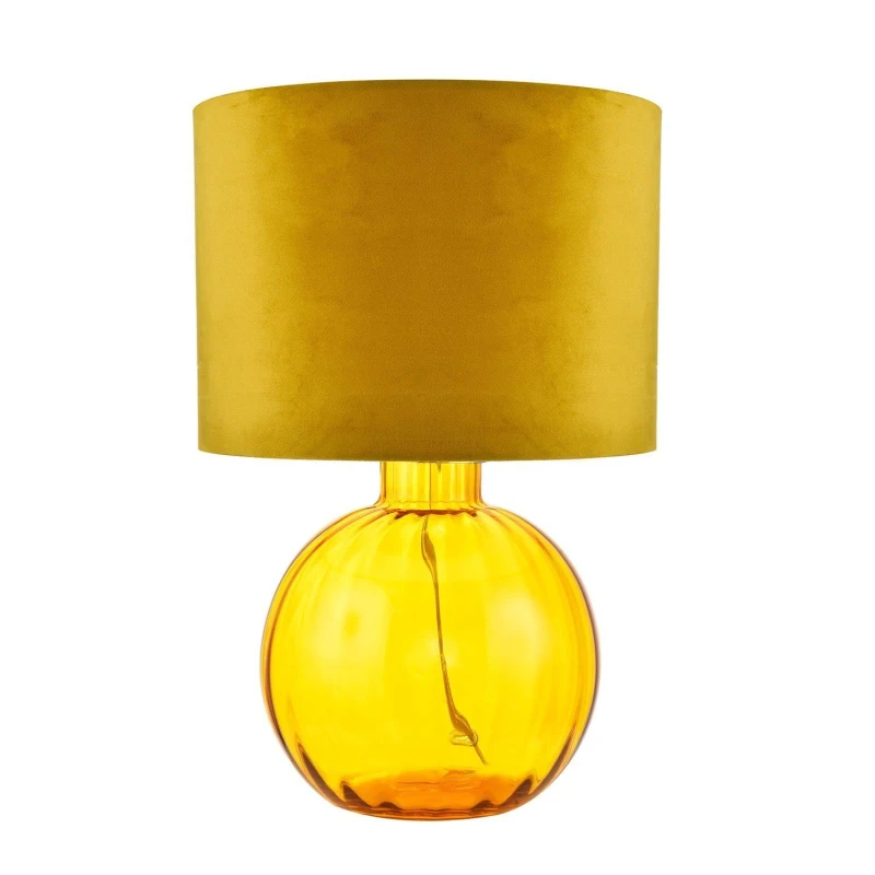 Image of Happy Homewares Contemporary Ribbed Glass Table Lamp with Velvet Fabric Shade in Mustard Mustard Unisex