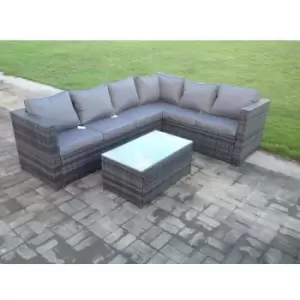 Image of Fimous 6 Seater Outdoor Dark Grey Rattan Lounge Complete Sofa Set with Rectangular Oblong Coffee Table and Cushions