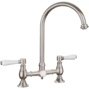 Image of Rangemaster - Kitchen Sink Bridge Tap Lever Swivel Spout Mono Brushed White Mixer Twin Handle