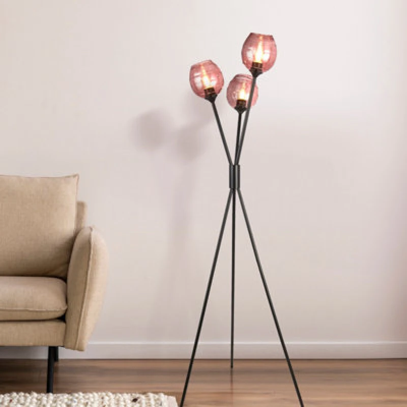 Image of Lighting Collection Triple Pink Ribbed Glass Cluster Pendant With Staggered Hanging Design
