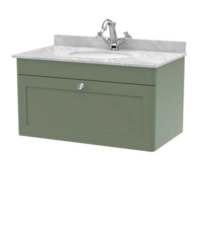 Image of nuie 800mm Wall Hung 1 Drawer Vanity & Marble Top 1TH - Satin Green CLC896GR1