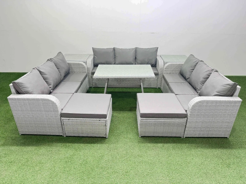 Image of Fimous 11 Seat Outdoor Rattan Garden Furniture with 2 Side Tables Light Grey Light Grey Unisex