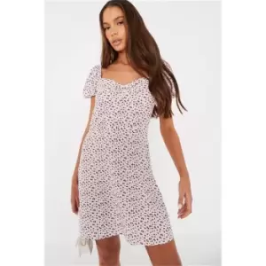Image of I Saw It First White Woven Ditsy Floral Ruched Bust Sweetheart Tea Dress - White