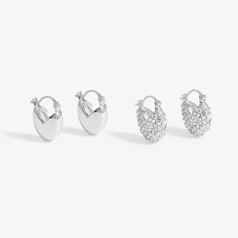 Image of Mood Silver Crystal Puffed Heart Huggie Hoop Earrings - Pack Of 2 Silver