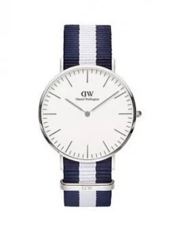 Image of Daniel Wellington Glasgow White And Silver Gold Detail 40Mm Dial Blue And White Stripe Nato Strap Watch