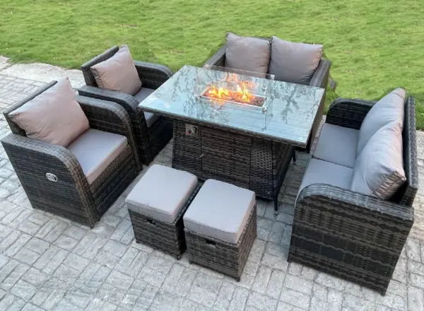 Image of Fimous 6 Seater Outdoor Dark Grey Rattan Lounge Complete Sofa Set with Gas Fire Pit Dining Table and 2 Stools