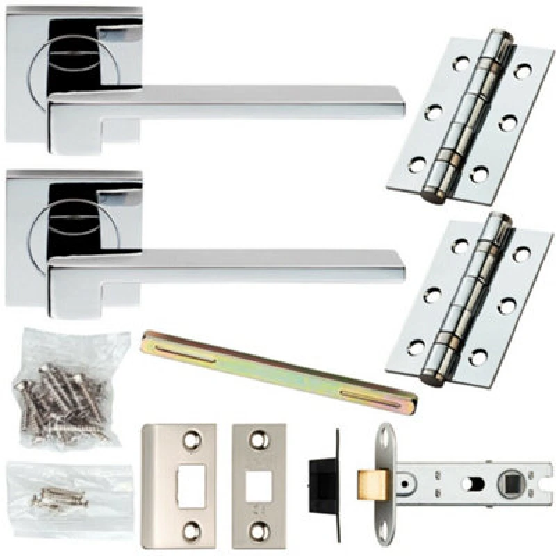 Image of Loops Door Handle & Latch Pack Chrome Modern Flat Slim Bar on Screwless Square Rose Multi