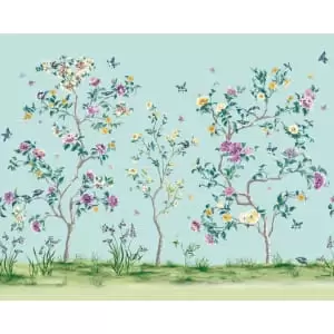 Image of Oriental Flower Tree Blue Wall Mural - 3.5m x 2.8m