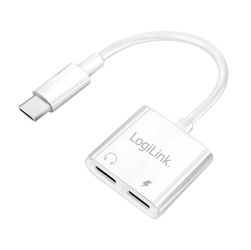 Image of LogiLink USB-C Audio adapter. USB-C/M to 2x USB-C/F. 60W PD. white