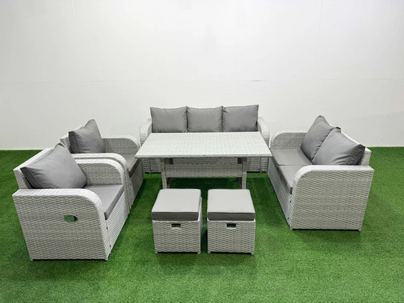 Image of Fimous PE Rattan Garden Furniture Set Reclining Chair Sofa Double Love Seat 2 Seater Sofa Lounge Set Rectangular Dining Table 2 Stools Light Grey Ligh