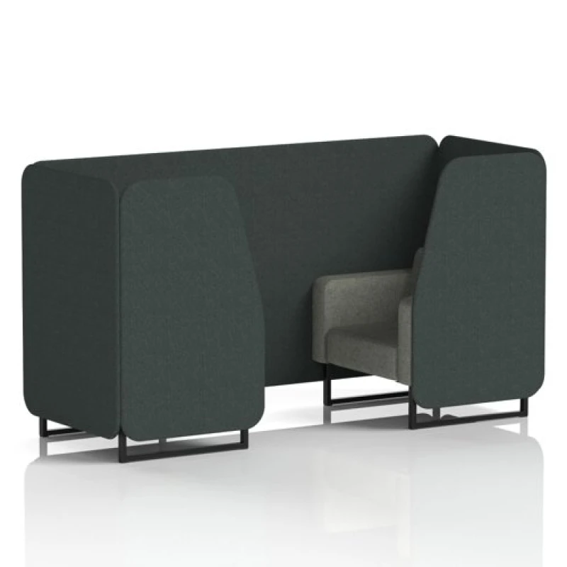 Image of Brixworth 2 Seater Office Booth with Front Panel - Black Legs in Rivet Fabric - Charcoal Panels and Vitreous Sofa
