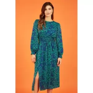 Image of Mela London Green Animal Print Ruched Midi Dress - Green