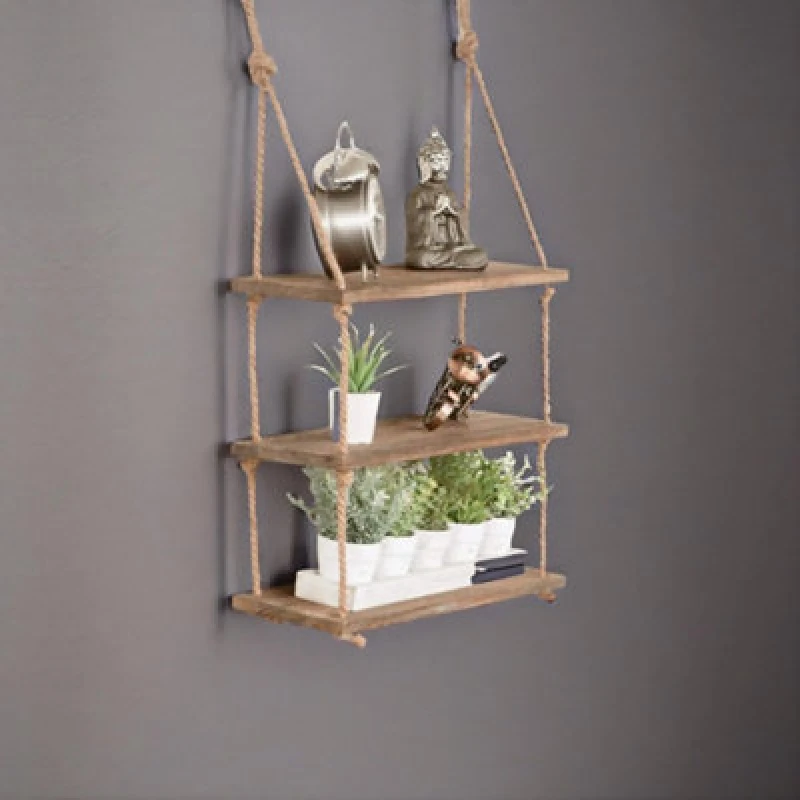 Image of Rafaelo Mobilia 3 Tier Wooden Hanging Shelves With Rope Detail