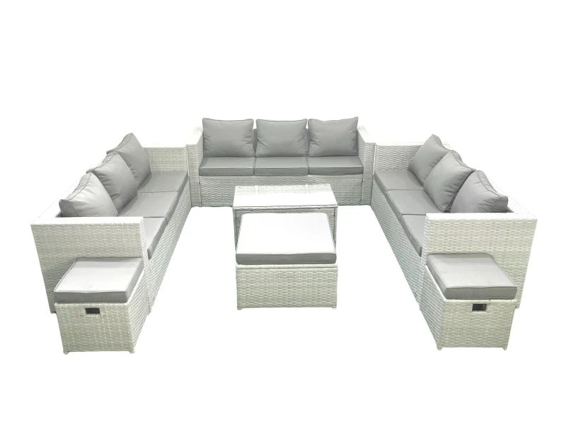 Image of Fimous Rattan Garden Outdoor Furniture Set 12 Seater Garden Sofa Coffee Table Set with 3 Footstools Light Grey Mixed Light Grey