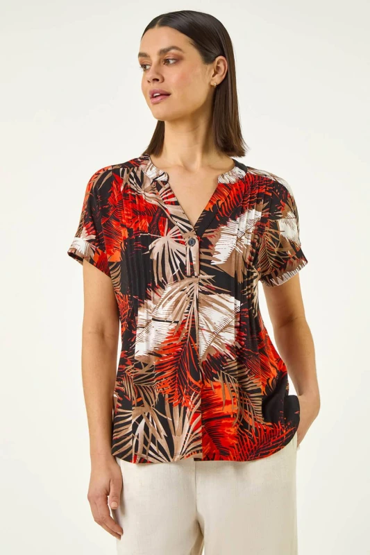 Image of Roman Womens Leaf Print Pintuck Stretch Top in Orange Size: 14 Orange Female 14