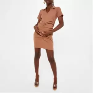 Image of Missguided Rib Ruched Maternity Polo Mini Dress - Brown