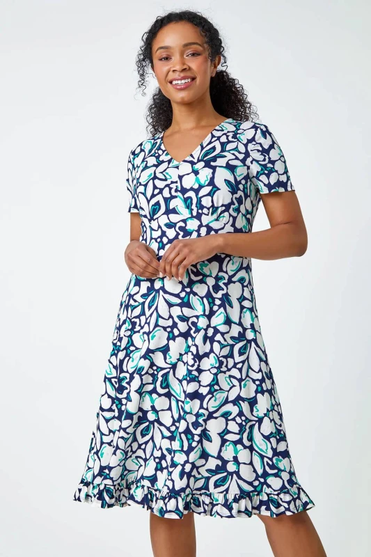 Image of Roman Womens Petite Floral Frill Hem Stretch Dress in Navy Size: 12 Navy Female 12