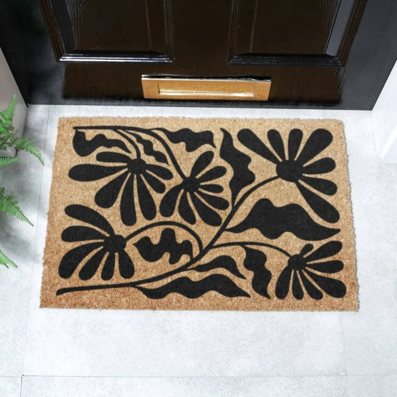 Image of Artsy Mats Black Quirky Floral Pattern Doormat (60 X 40Cm), Brown 6040-QKYFLWRSBL