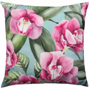 Image of Evans Lichfield Orchids Botanical Outdoor Cushion Cover, Duck Egg, 43 x 43 Cm