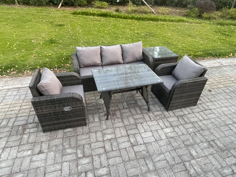 Image of Fimous Rattan Wicker Garden Furniture Patio Conservatory Sofa Set with Dining Table Reclining Chair Side Table Dark Grey