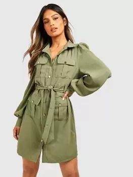 Image of Boohoo Utility Pocket Shirt Dress - Khaki, Green, Size 8, Women