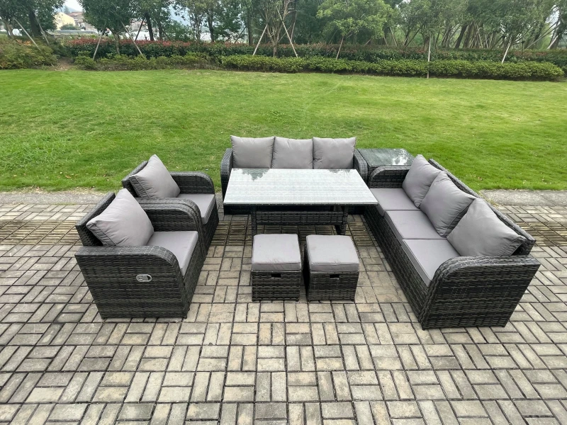 Image of Fimous Outdoor Garden Patio Furniture Wicker Rattan Oblong Rectangular Dining Table & Lounge Sofa set with Side Table 2 Small Footstool in Dark Grey D