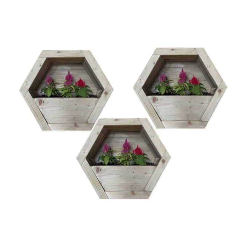 Image of Buttercup Farm Medium Hanging Wooden Hexagon Wall Planter (Set of 3) in Light Brown Light Brown Unisex