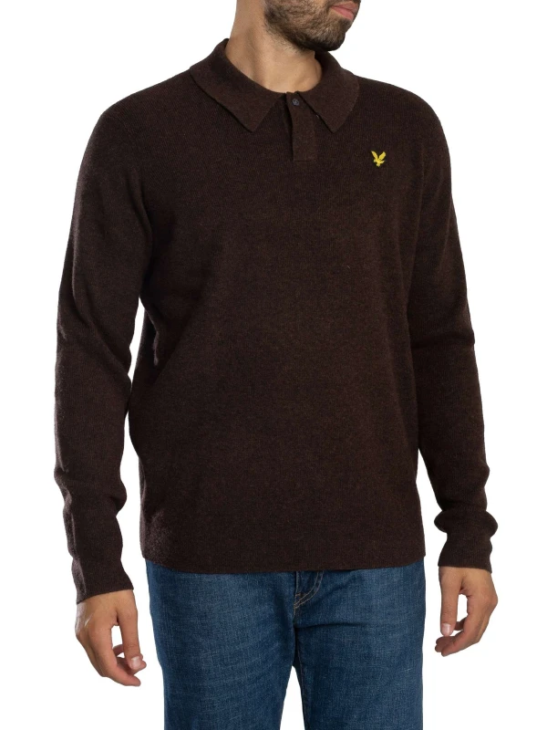 Image of Lyle & Scott Lambswool Blend Rugby Relaxed Polo Shirt Bottle Brown Marl XL